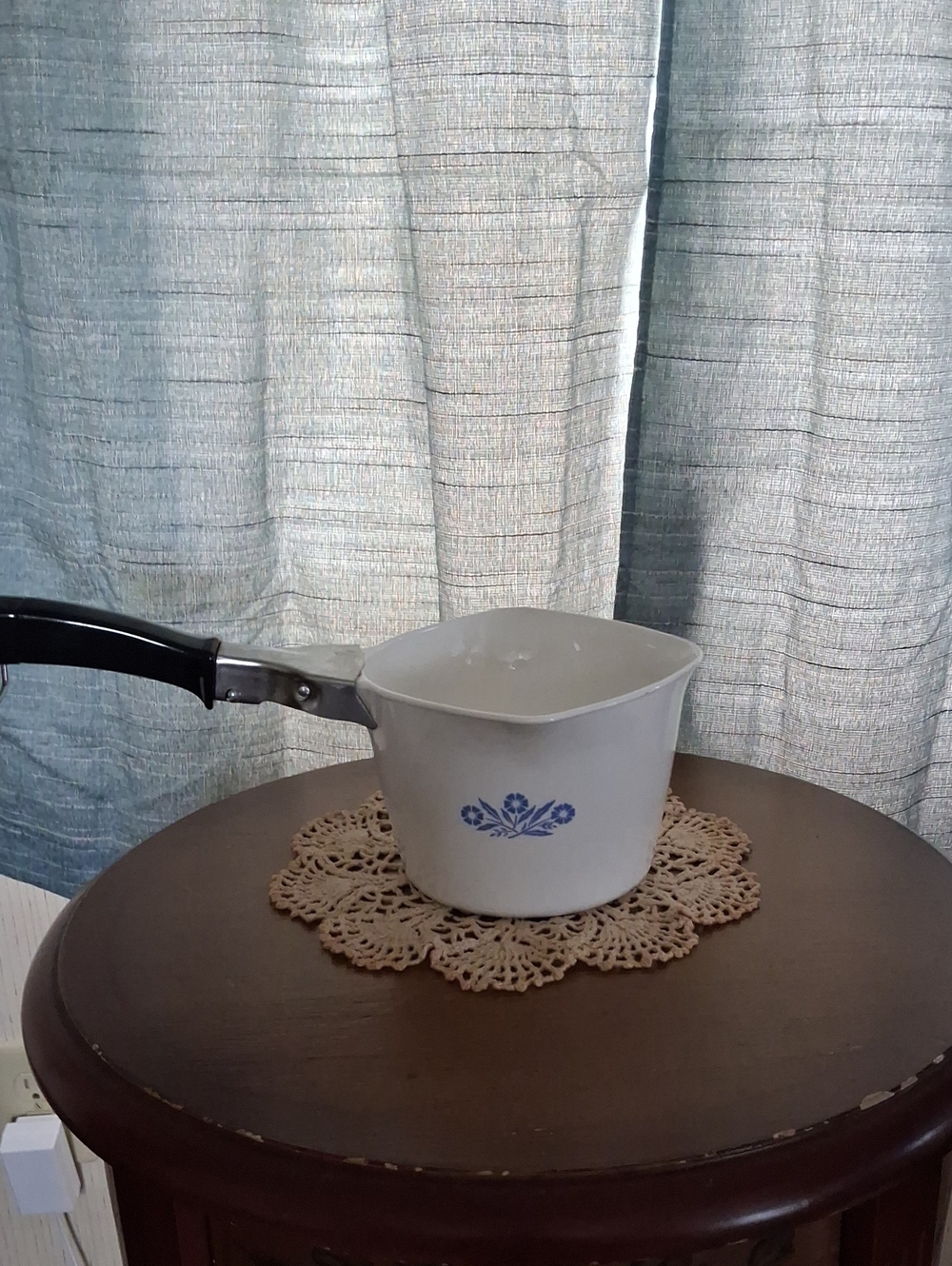 Corningware White Saucepan with Blue Floral Motif and Black Handle